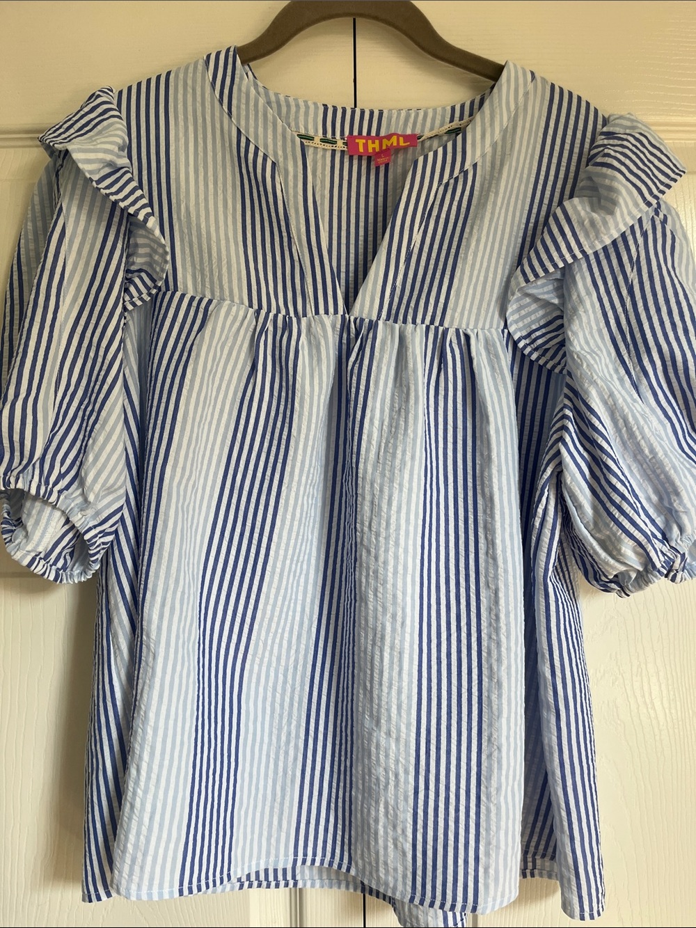 THML Blue & White Striped Puff Sleeve Blouse